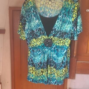 Vibrant Blue and Green Kimono Sleeve Blouse